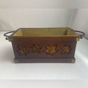 Leaf planter cachepot Wood & Brass Handled Rectangle carved Maple Leaves decor